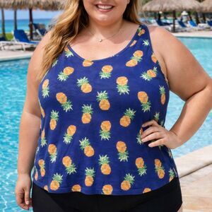 Casey Key Women’s Plus 3XL Blue Pineapple Print Tank Top Scoop Neck Wide